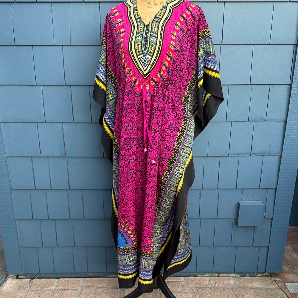 Vibrant Pink and Black Kaftan Dress caftan Mumu ethnic magenta XL